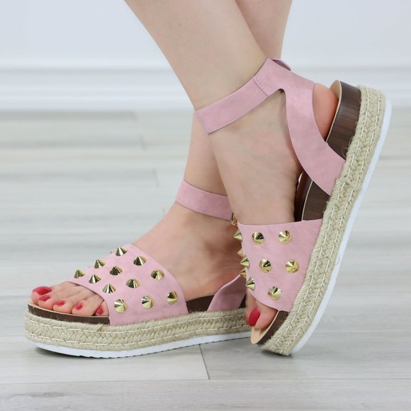 Dusty Pink Nubuck Metal Stud Sandals Espadrille Platform Heel - Picture 2 of 13